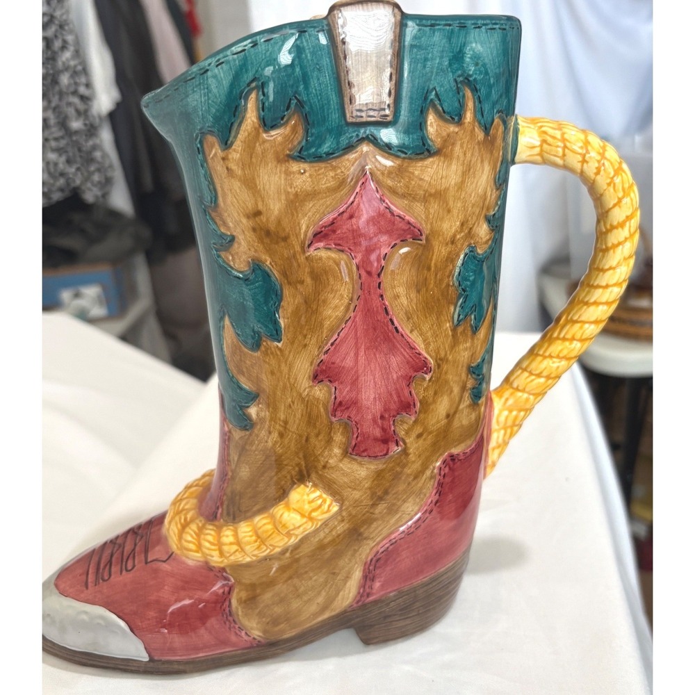 Ceramic 9.5 in Cowboy Boot PITCHER Western Decor Teal Red Rope Handle